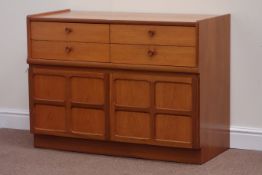 Nathan teak side cabinet fitted with two long drawers above double panelled door cupboard, W103cm,
