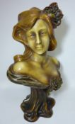 Large terracotta bust of a young woman impressed 'Goldschieder Reproduction Reservee 1029' 53cm