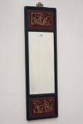 Chinese style rectangular bevel edged mirror, carved wooden frame, ebonised and red lacquered,