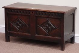 18th century oak panelled coffer/blanket box, carved top frieze and front panels, hinged lid,