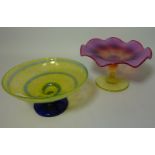 Edwardian shaded cranberry and vaseline glass comport H9cm and another Art Glass comport (2)