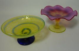 Edwardian shaded cranberry and vaseline glass comport H9cm and another Art Glass comport (2)