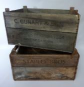 Pair vintage 'Covent Garden - Staple Brothers/C Gunary & Son' Fruit/Veg wooden crates 47cm x 31cm