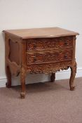 Carved mahogany two drawer serpentine chest, W70cm, H64cm,