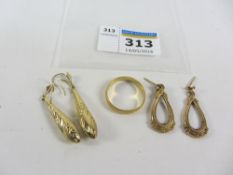 Wedding band hallmarked 9ct, two pairs ear-rings stamped 9ct approx 6.