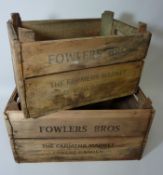 Two vintage 'Covent Garden - Fowlers Bros' Fruit/Veg wooden crates 47cm x 31cm & 39cm x 24cm