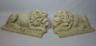 Pair composite stone recumbent lions L41cm Condition Report <a href='//www.