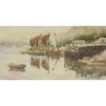 Drying Nets by the Riverside, watercolour signed by Elizabeth Trevor Sutcliffe (Exh.