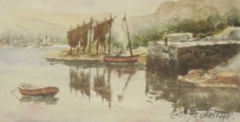 Drying Nets by the Riverside, watercolour signed by Elizabeth Trevor Sutcliffe (Exh.