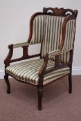 Edwardian inlaid mahogany wingback armchair upholstered in striped fabric Condition