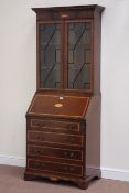 Adam Richwood London reproduction inlaid mahogany bookcase enclosed by two glazed doors on fall