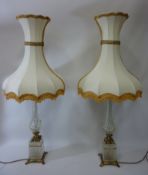 Pair glass and gilt metal table lamps with shades H100cm,