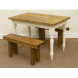 Reclaimed waxed pine top table on painted turned base (66cm x11cm, H74cm),