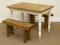 Reclaimed waxed pine top table on painted turned base (66cm x11cm, H74cm),