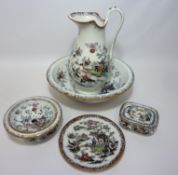 Late 19th century Ironstone China pagoda pattern toilet set and a gilt framed mirror