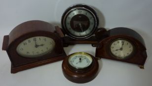 Early 20th century oak framed barometer D15cm and three mantel clocks (4) CLOCKS & BAROMETERS - as