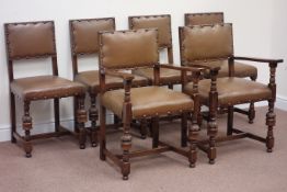 20th century oak set six (4+2) dining chairs, carved detail,