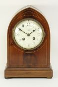 Edwardian inlaid mahogany arch top mantle clock, dial signed 'J B, 72 Yabsley Ludgate Hill, London',