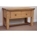 Reclaimed waxed scaffold board top single drawer dresser raised on stretcher base, W131cm, H82cm,