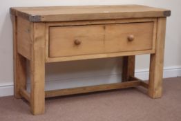 Reclaimed waxed scaffold board top single drawer dresser raised on stretcher base, W131cm, H82cm,