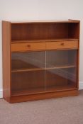 Nathan teak open bookcase enclosed by two sliding glass doors, fitted with two drawers, W130cm,