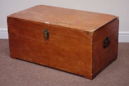 Rustic hardwood blanket box fitted with hinged lid and carry handles,