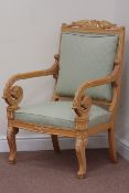 Beech French style armchair, carved scroll arms,