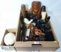 Carved ebony elephant group, African carved wood masks and figures, Egyptian onyx bust,