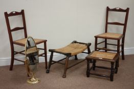 Pair Edwardian cane seat chairs, rush seat stool,