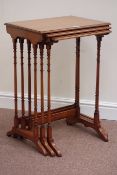 Quality Edwardian mahogany nest of three crossbanded tables, on turned bases, retailed by Harrod's,