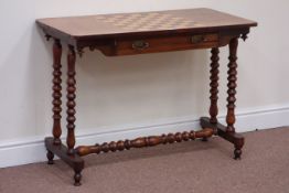 Edwardian inlaid satin walnut stretcher table, rosewood and maplewood chessboard,