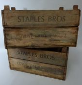 Pair vintage 'Covent Garden - Staple Brothers' Fruit/Veg wooden crates 47cm x 31cm