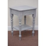Edwardian blue painted and waxed finish pine table on turned base fitted with undertier,
