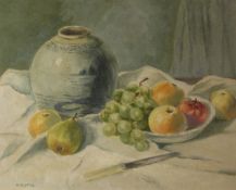 'Still Life' of Fruit and a Chinese Ginger Jar, oil on board signed by G W Dove,