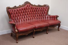 French style serpentine walnut framed three seat sofa (W200cm), and matching armchair (W80cmcm),