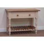 Acacia wood top dresser fitted with two drawers, raised on turned painted pine potboard base,