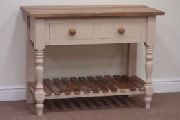 Acacia wood top dresser fitted with two drawers, raised on turned painted pine potboard base,