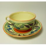 Clarice Cliff Fantastique 'Cherry' pattern teacup and saucer Condition Report