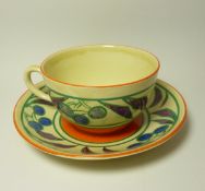 Clarice Cliff Fantastique 'Cherry' pattern teacup and saucer Condition Report