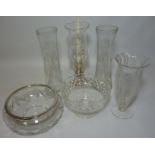 Etched glass candle holder on silver-plated stand H31cm, pair glass vases with cut decoration,