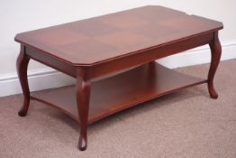 Reproduction walnut finish coffee table fitted with undertier, 57cm x 102cm,