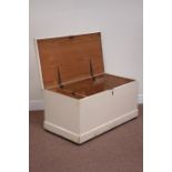 19th century painted pine blanket box with hinged lid, W100cm, H50cm,