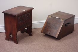 Early 20th century oak hinged top coal box and hinged top box with carved front panel