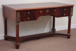 Reproduction mahogany five drawer desk, inset leather writing surface, ormolu mounts and fittings,