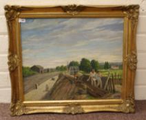 'Making the Railway Embankment Rickmansworth', oil on canvas signed Ernest Forbes,