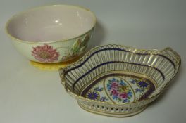 Victorian English majolica bowl with oriental style decoration and a 20th century Dresden hand