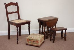 Needle work upholstered footstool, a rustic pine stool,