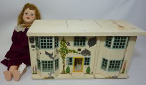 Mid century dolls house W66cm and a contemporaneous doll (2) Condition Report