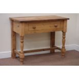 Acacia wood top dresser fitted with single drawer, raised on turned pine stretcher base, W98cm,
