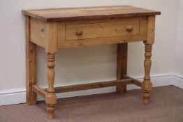 Acacia wood top dresser fitted with single drawer, raised on turned pine stretcher base, W98cm,